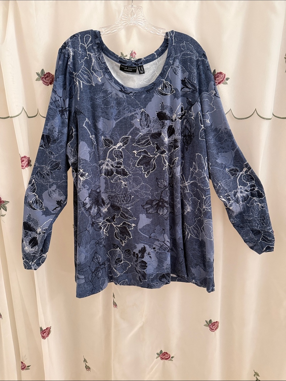 Susan Graver Blue and Grey Floral Long-Sleeve Tee with Silver Decorative Buttons